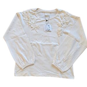 Zara Kids Cream Long Sleeve Tee with Floral Embroidery And Pearl Embelishments